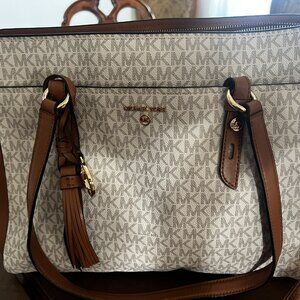 Michael Kors Sullivan Large Logo Top-Zip Tote Bag in the cream color with brown